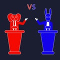 Democratic emblem and Republican sign against each other debate, election, politics red and blue, elephant vs. donkey isolated Royalty Free Stock Photo