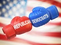 Democrats vs. Republicans. Two boxing gloves against each other in colors of Democratic and Republican partie, 3d rendering