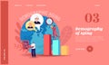 Demographic Aging Landing Page Template. Statistics Data for Human Age in World and Countries. Tiny Characters at Charts