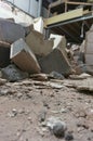 Demolished breeze block interior wall inside a factory. Part of a reconstruction project.