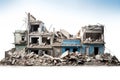 Demolished buildings, destroyed houses isolated on white background