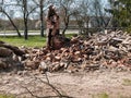 Demolished old wooden house and brick chimney on a sunny day Royalty Free Stock Photo