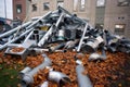 Demolished ventilation ducts and pipes outside industrial building