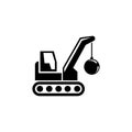 Demolition Building Machine, Crane with Wrecking Ball Flat Vector Icon