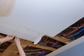 Demolition drywall at kitchen a full remodel the sheetrock ceiling with renovation in progress Royalty Free Stock Photo