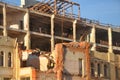 MOSCOW, RUSSIA - OCTOBER 16, 2018: Workers dismantle the old building. Here they will build a hotel complex `Sady Zaryadya`