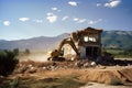 demolition shear deconstructs an old building or structure. with a natural landscape in background. Clear blue skies with clouds Royalty Free Stock Photo