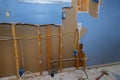 Demolition walls from gypsum plasterboard drywall with material for repairs in an kitchen is under construction remodeling