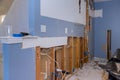 Demolition walls from gypsum plasterboard drywall with material for repairs in an kitchen is under construction remodeling