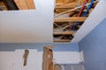 Demolition walls from gypsum plasterboard drywall with material for repairs in an kitchen is under construction remodeling