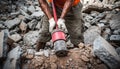 Demolition worker using jackhammer to break concrete debris Royalty Free Stock Photo