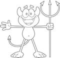 Outlined Happy Little Devil Cartoon Character With Pitchfork Royalty Free Stock Photo