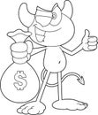 Outlined Winking Little Devil Cartoon Character Holding A Money Bag and Giving The Thumbs Up Royalty Free Stock Photo