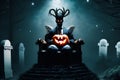 Demon or devil sits on a throne against background of a cemetery in the moonlight surrounded by graves and holds an evil pumpkin