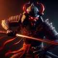 Demon with glowing red eyes, wearing ancient Japanese shogun armor.