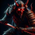 Demon with glowing red eyes, wearing ancient Japanese shogun armor.