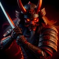 Demon with glowing red eyes, wearing ancient Japanese shogun armor.