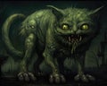 Demon Kitty Cat Kitten Three Eyes Feet Tall Crippled Bac Green Big Creepy Face Sewer Background Stunningly Pet Illustration Murky