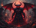 A demon lord in a fiery landscape, with flaming torches, and castle, dissorted code and error messages around it, backgrounds