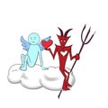 The demon sitting on a cloud gives his heart to the angel