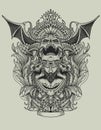 Demon skull with antique engraving pattern