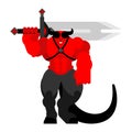 Demon Warrior with sword. Strong devil. berserk red satan. Hell warriors. Vector illustration