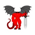 Demon Warrior with sword. Strong devil. berserk red satan. Hell warriors. Vector illustration