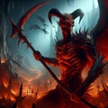 A demon warrior wielding a demonic scythe in a hellish underor