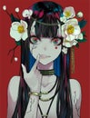 Demonic anime girl with a wreath on her head. Stylish trendy illustration