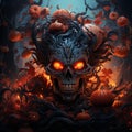 Demonic human skull decorated with red flowers, AI-generated.