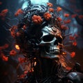 Demonic human skull decorated with red flowers, AI-generated.