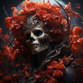 Demonic human skull decorated with red flowers, AI-generated.