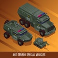 Anti Terror Special Police Vehicles armored personnel carrier robot sapper illustration isometric icons on isolated background Royalty Free Stock Photo