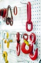 Demonstration booth with large red and yellow hooks