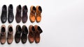 Demonstration of a collection of models of classic shoes in a row, white background. AI generated.