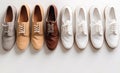 Demonstration of a collection of models of classic shoes in a row, white background. AI generated.