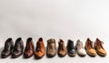 Demonstration of a collection of models of classic shoes in a row, white background. AI generated.