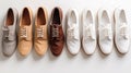 Demonstration of a collection of models of classic shoes in a row, white background. AI generated.