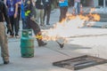 Demonstration with fire extinguishers. Royalty Free Stock Photo