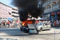 Demonstration of firefight with burning car with other car with driver after a crash in Nieuwerkerk during 112 day