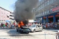 Demonstration of firefight with burning car with other car with driver after a crash in Nieuwerkerk during 112 day