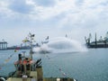 Demonstration Performance of the Marine Fire Rescue Boat. The work of water cannons Royalty Free Stock Photo