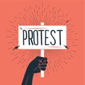 Demonstration, revolution, protest raised arm fist holding banner with protest caption. Black arm silhouette on red background. Royalty Free Stock Photo