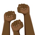 Demonstration, revolution, protest raised. Clenched fist held in protest. Symbol of freedom, fight, revolution, unity