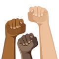 Demonstration, revolution, protest raised. Clenched fist held in protest. Symbol of freedom, fight, revolution, unity