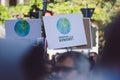 Demonstration sign banner with planet earth for protest strike to save the world green nature