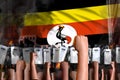 demonstration stopping concept - protest in Uganda on flag background, police squad stand against the demonstrators crowd -