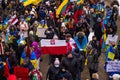 Demonstration support of Ukraine and against the Russian aggression. Protesters, holding banners and Ukrainian flags, against Russ