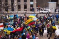 Demonstration support of Ukraine and against the Russian aggression. Protesters, holding banners and Ukrainian flags, against Russ