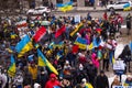 Demonstration support of Ukraine and against the Russian aggression. Protesters, holding banners and Ukrainian flags, against Russ